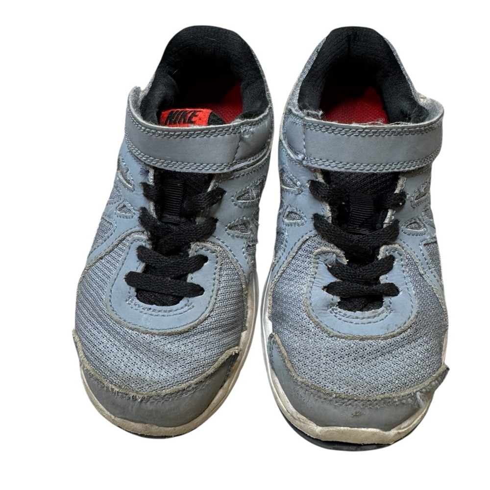 👟 Nike Kids Gray & Red Running Shoes 👟 Size 11.5C Velcro + Lace Hybrid 👟